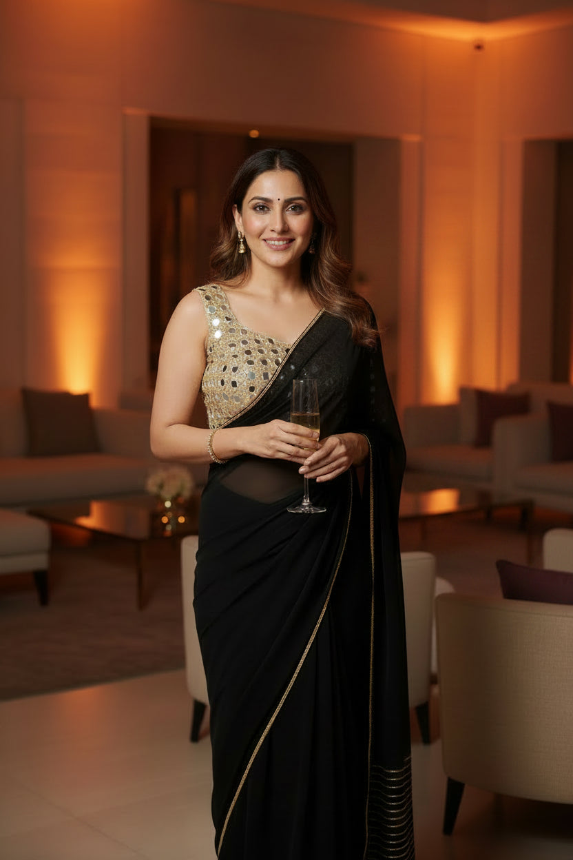 A gold embellished sleeveless blouse top with silver mirror work, laid flat on a light beige background. A small brand tag reading 'Saffron Fabrics' is visible near the neckline.