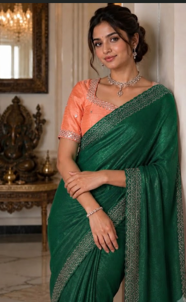 A peach-colored cotton blouse with silver mirror work embellishments around the neckline and sleeve cuffs, laid flat on a woven straw mat.